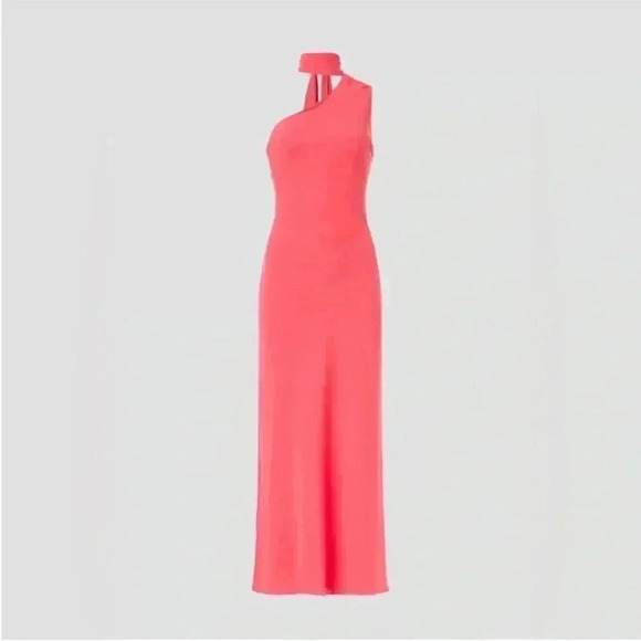 RONNY KOBO COLLECTION Coral One Shoulder Neck Tie Side Slit Midi Dress. Size 10 - Picture 2 of 9